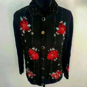 Theme Works by Kikit Cardigan Christmas Black Sequin Red Poinsettias